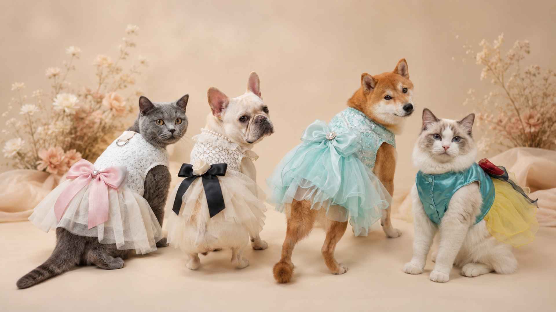 Dogs and cats modeling best-selling Pet2Cute dresses in pastel tulle, lace and bow designs