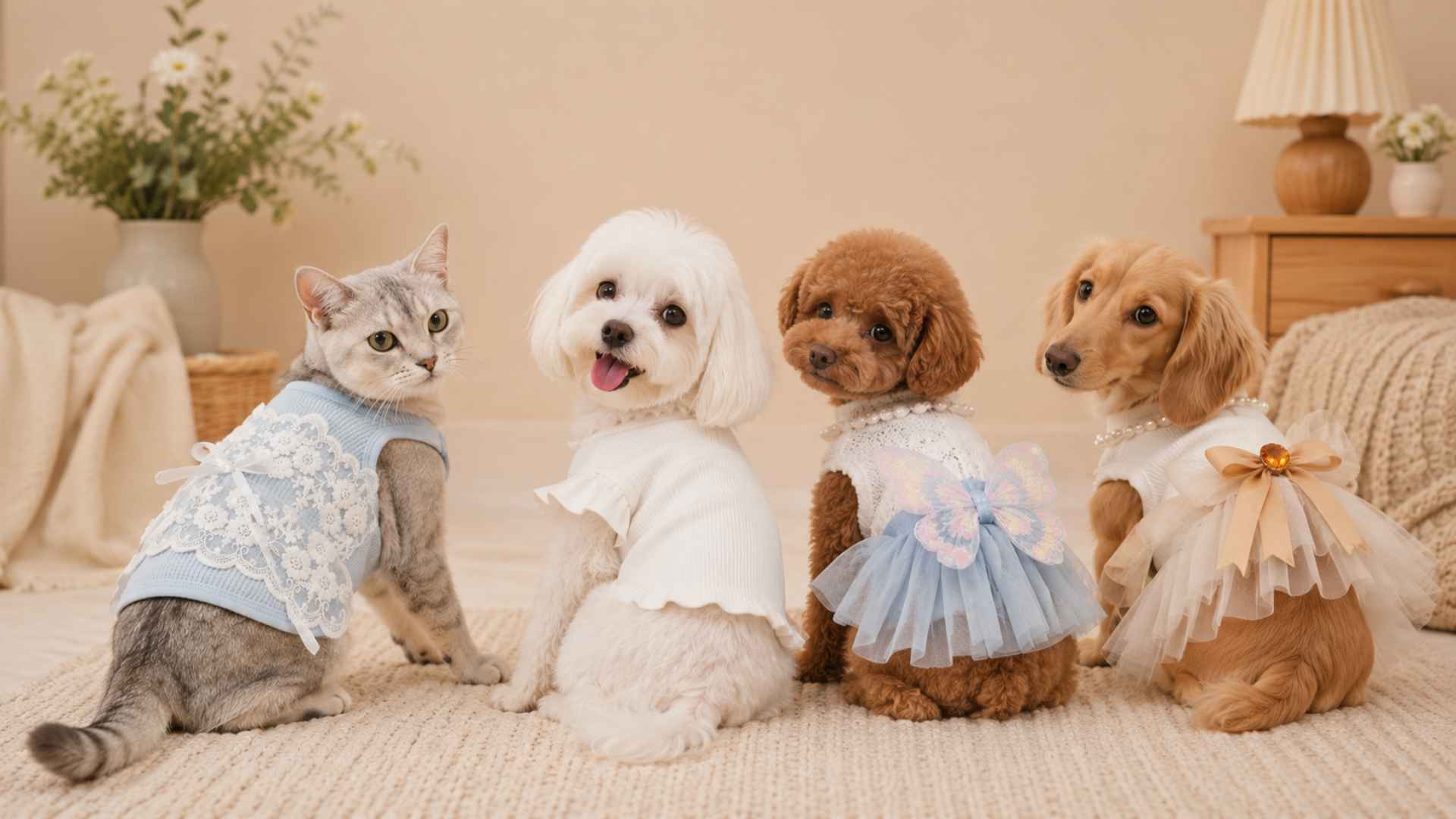 Cats and small dogs wearing comfortable Pet2Cute everyday outfits, lace tops and lightweight dresses