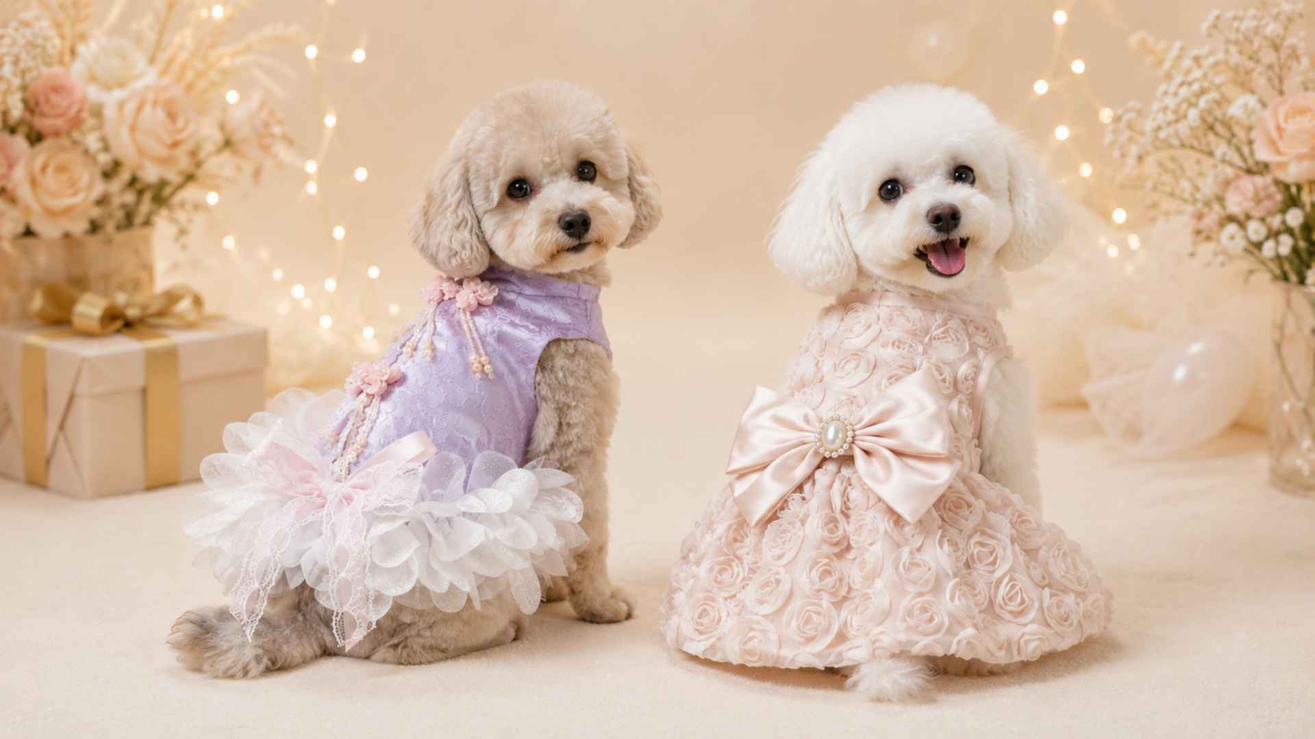 Small dogs wearing elegant Pet2Cute party dresses with floral details, bows, lace and layered tulle