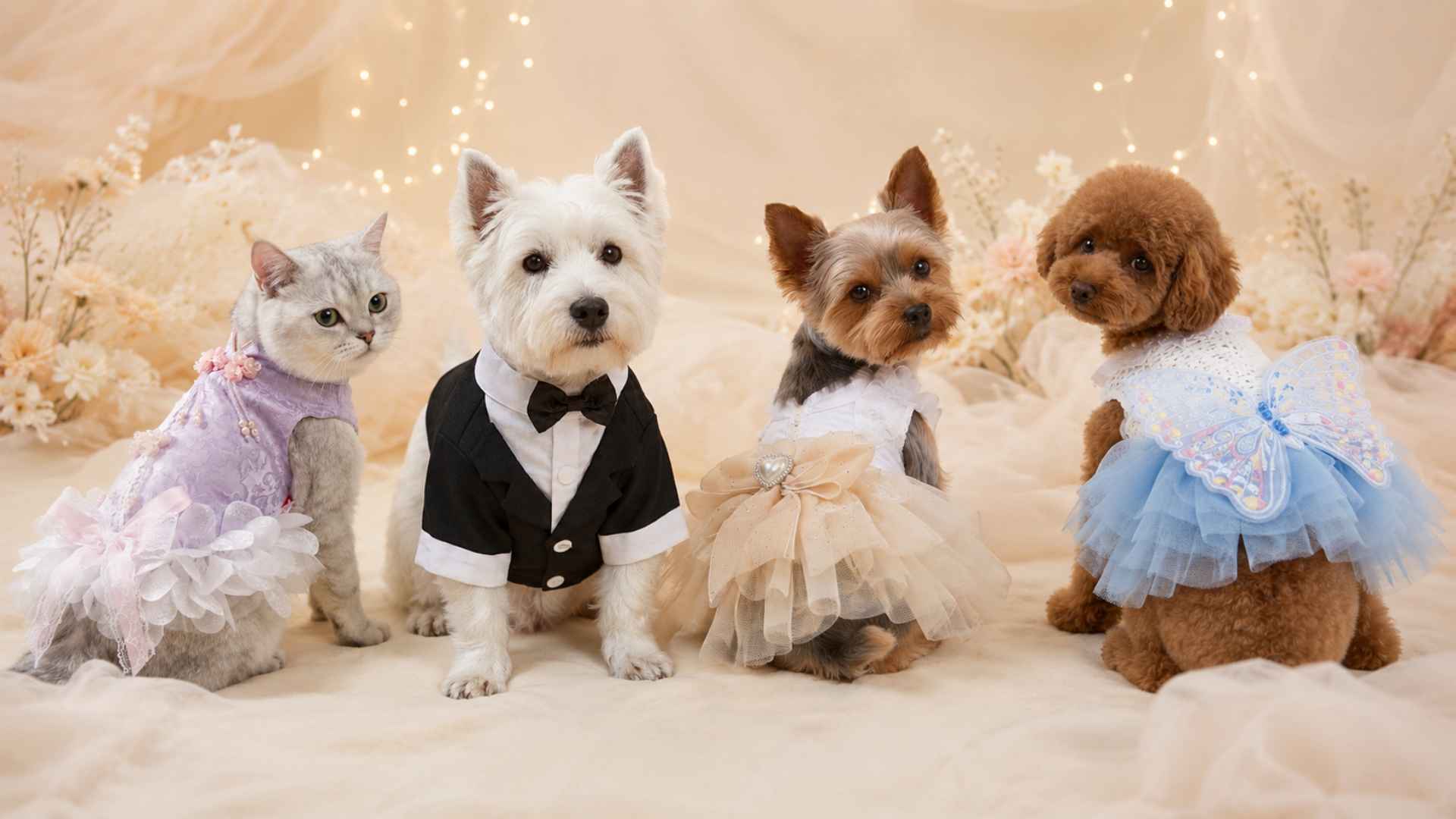 Dogs and cats wearing Pet2Cute costumes and formal outfits, including a tuxedo, party dress and butterfly dress