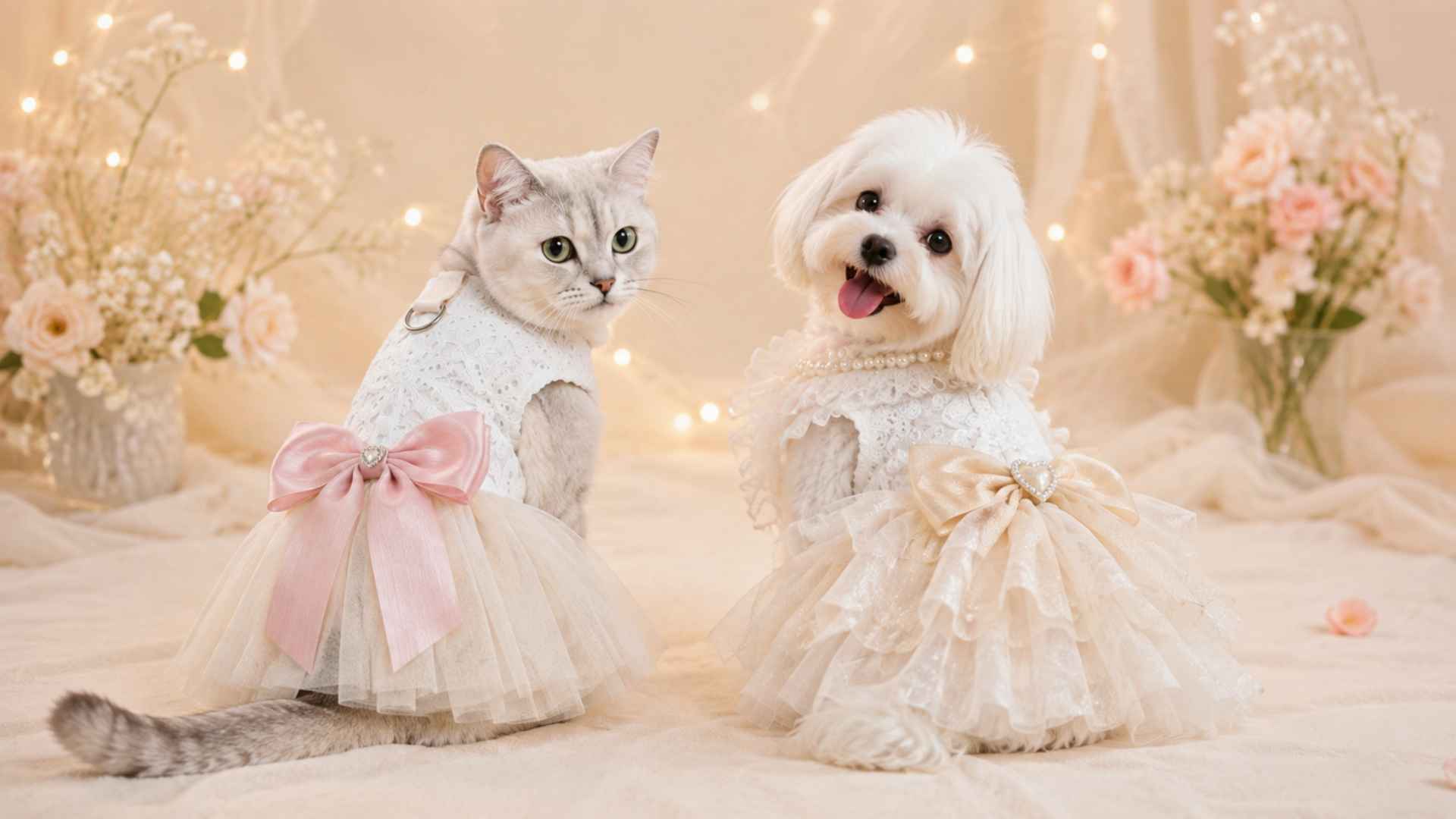 Cat and small dog wearing elegant Pet2Cute wedding dresses with lace, tulle, pearl details and satin bows