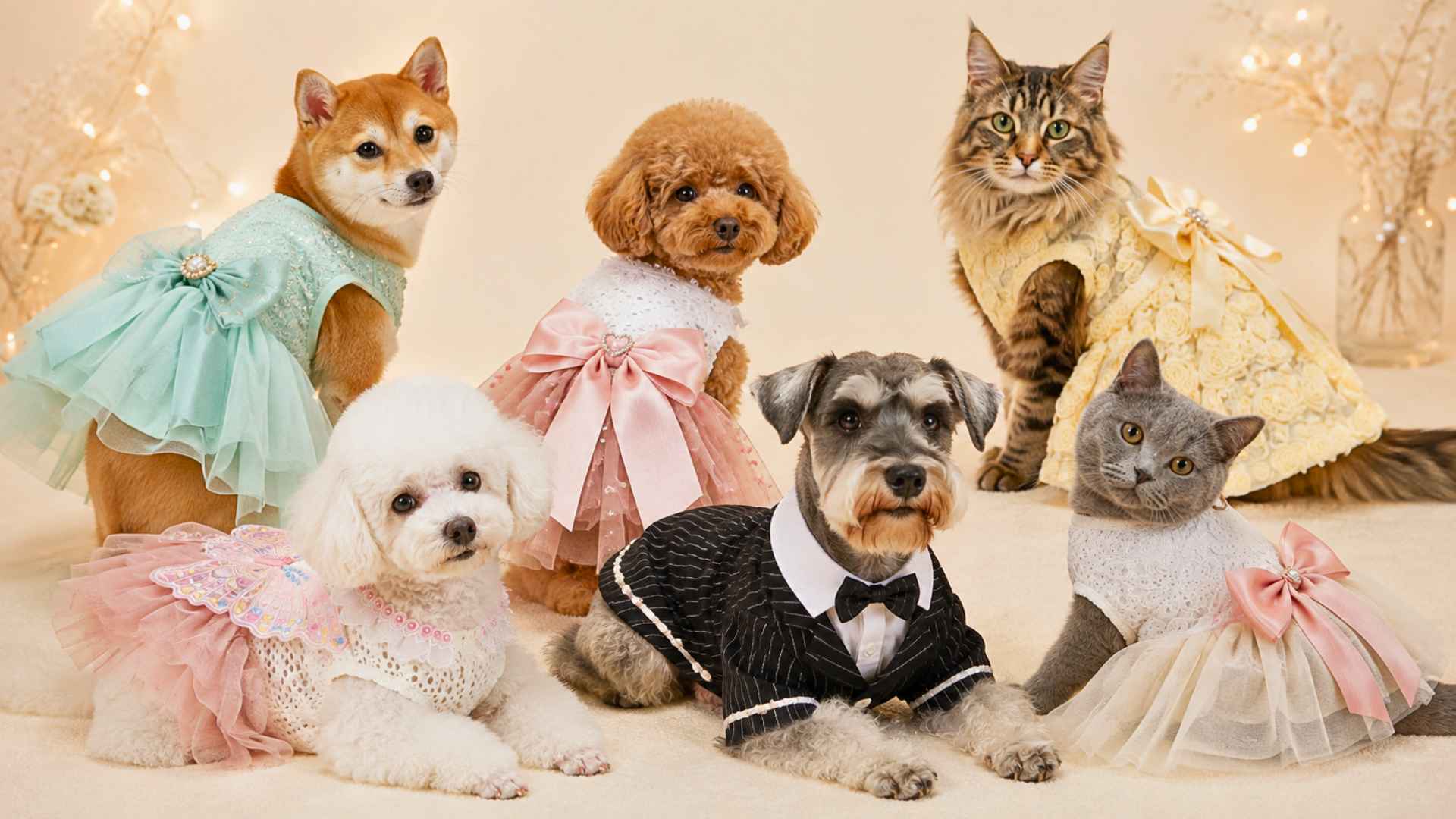 Dogs and cats wearing elegant Pet2Cute dresses, including pastel tulle, lace, bow and formal pet outfits