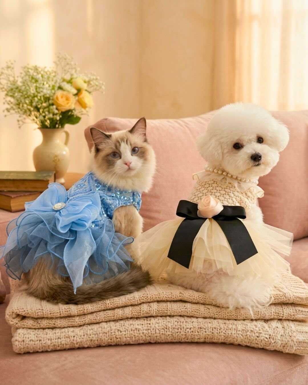 Ragdoll cat in a blue dress and small white dog in a cream dress with black bow