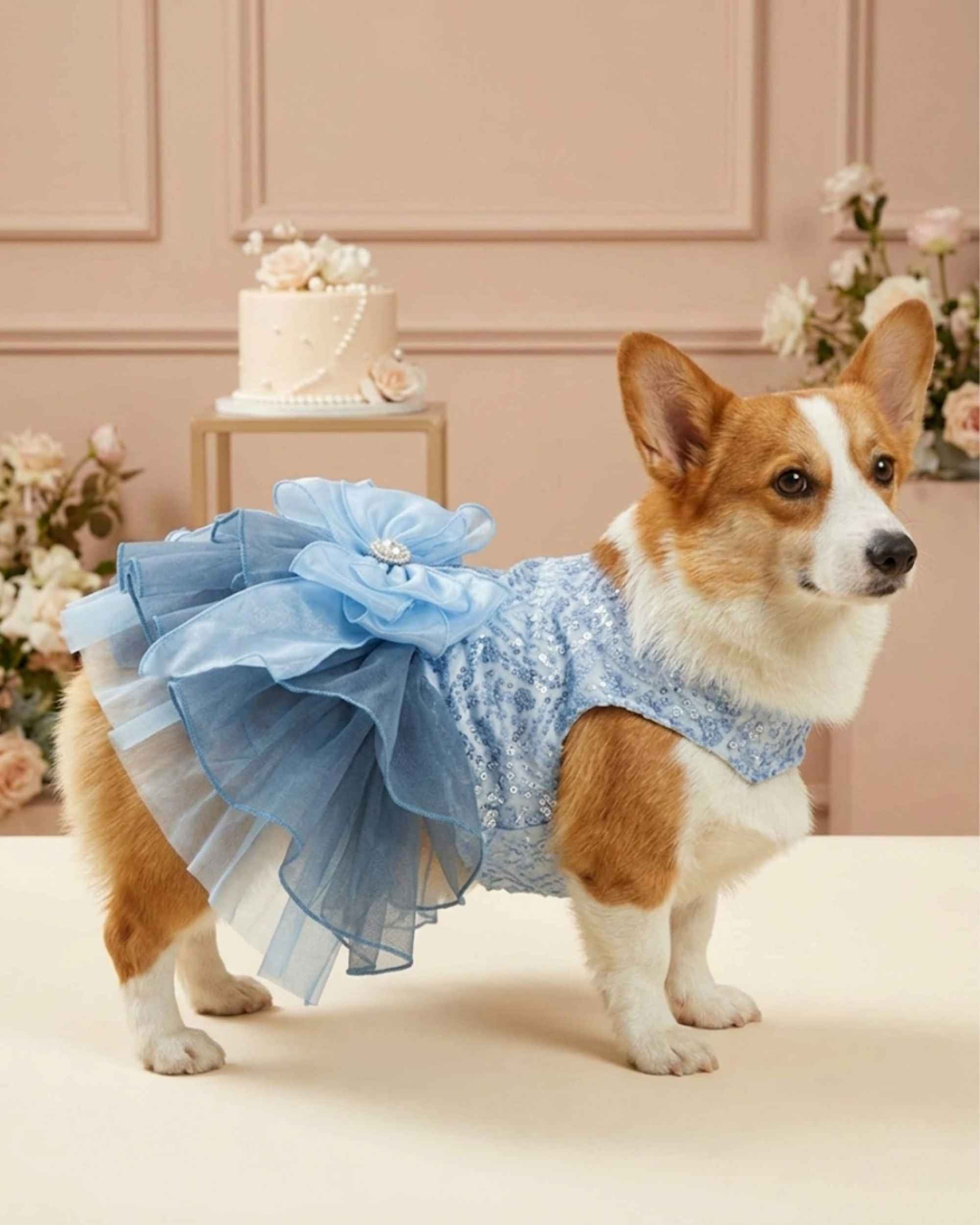 Pembroke Welsh Corgi wearing a celestial blue sequin pet dress with a layered bow and smoky blue tulle skirt in an elegant celebration setting.