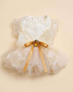 Top-down flat lay photograph of the champagne gold pet dress featuring the large organza bow, amber jewel, and pearl-trimmed flutter sleeves.