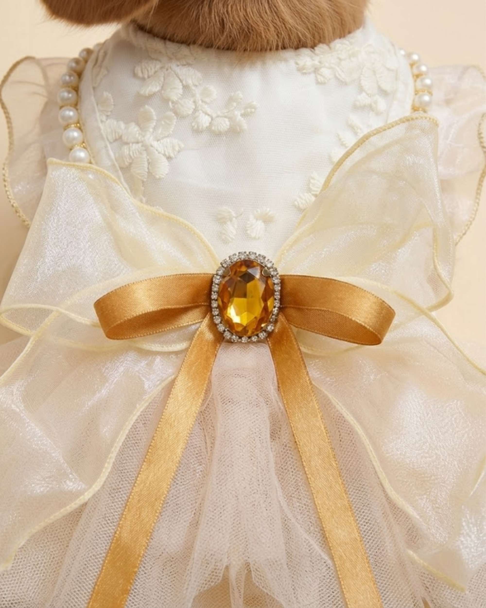 Macro close-up of the champagne organza bow with an amber-colored jewel centerpiece and gold satin ribbon tails on floral lace fabric.