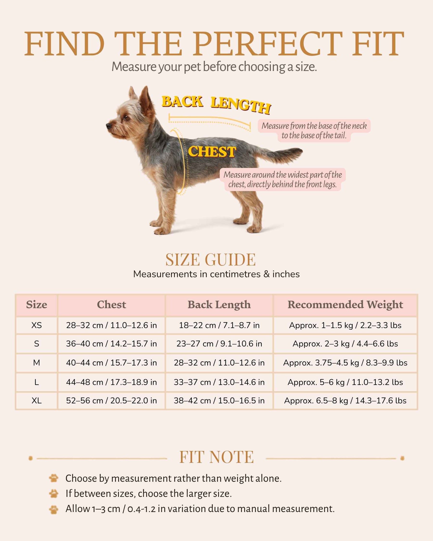 Pet dress size guide with chest, back length and recommended weight measurements for sizes XS to XL