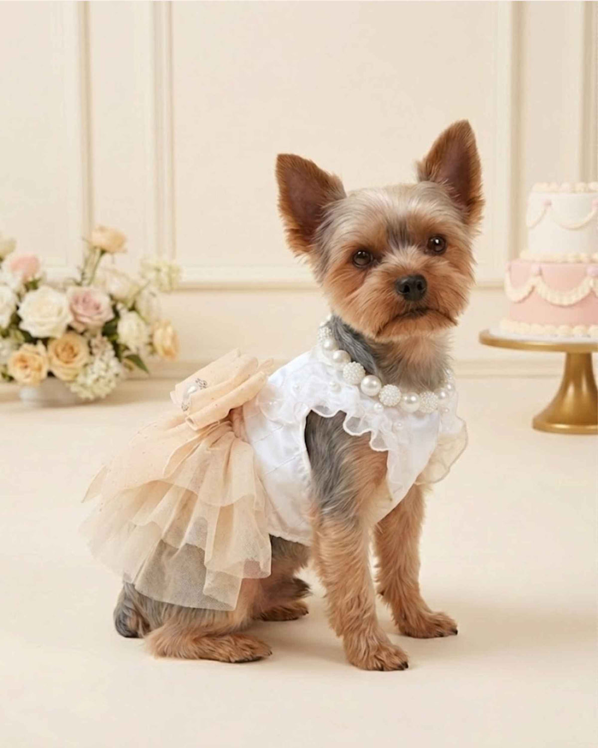 Pet wearing occasion dress in a celebration setting