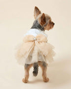 Rear view of a Yorkshire Terrier wearing the champagne tulle pet dress with an oversized bow and pearl heart centre