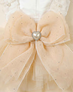 Close-up of the champagne bow with scattered sparkle accents and a faux-pearl heart ornament
