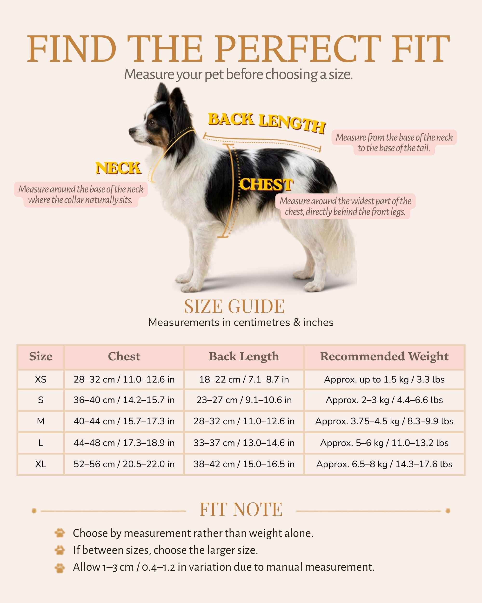 Size guide for the Cinderella Blue pet dress with chest and back-length measurements in centimetres and inches for sizes XS to XL
