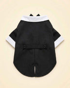 Back flat lay of the midnight-black pet tuxedo showing the white collar, two-button back strap and rounded split hem