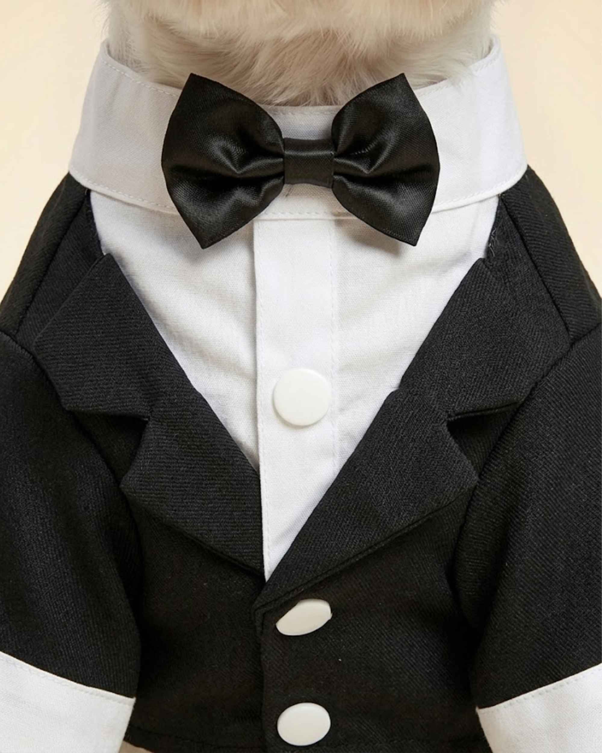 Close-up of the black satin bow tie, white collar, shirt panel and notched lapels on the pet tuxedo