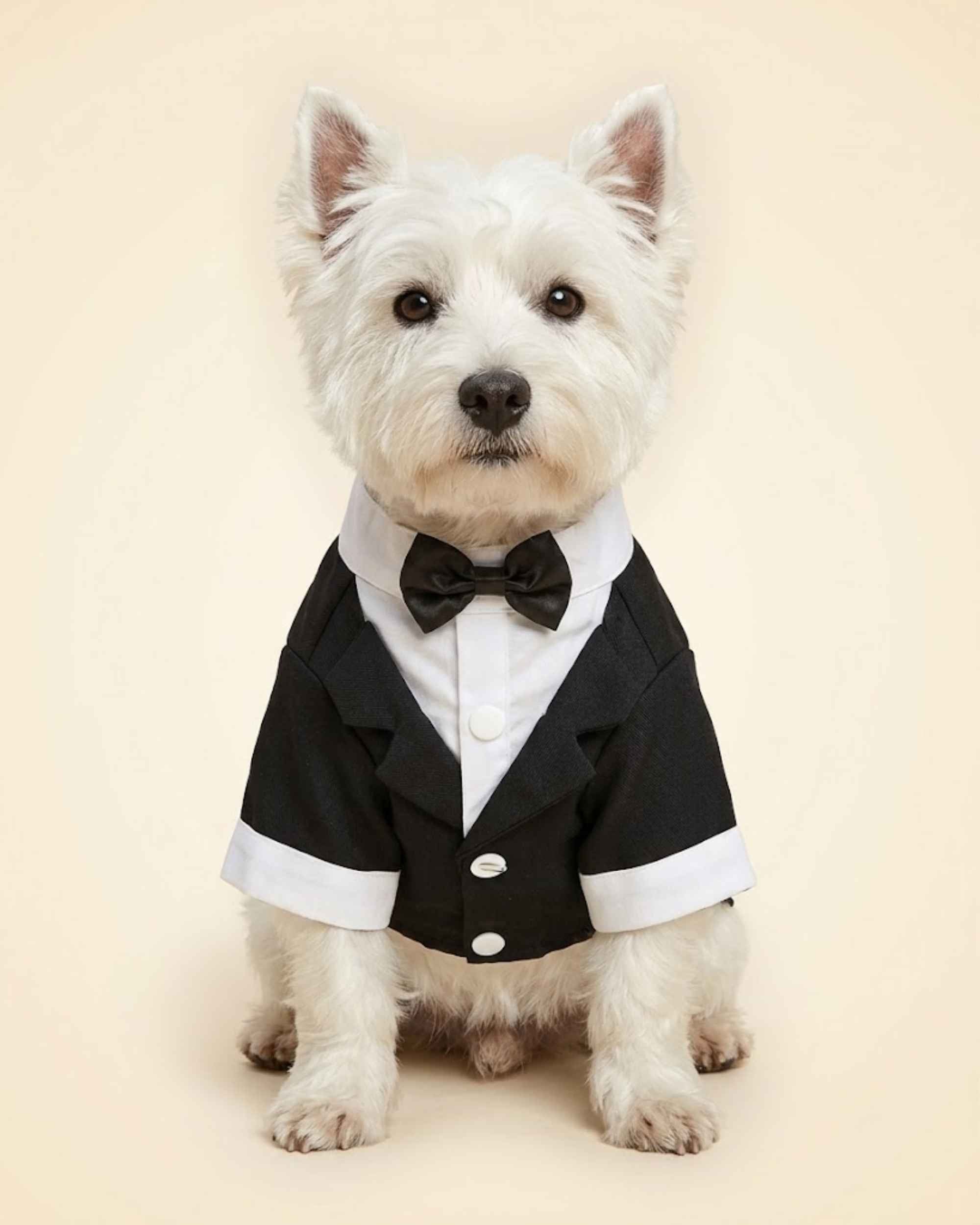 West Highland White Terrier wearing the Classic Bow Tie Pet Tuxedo in midnight black, seated front view
