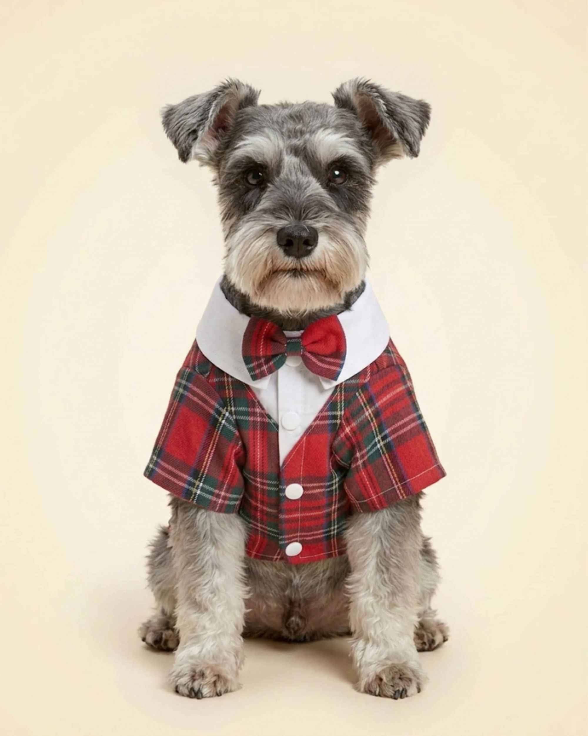 Salt-and-pepper Miniature Schnauzer wearing a red tartan pet tuxedo with matching plaid bow tie and white collar.