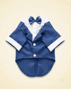 Royal blue pet tuxedo with matching bow tie, white shirt front, lapels and white sleeve cuffs shown in a front flat lay.