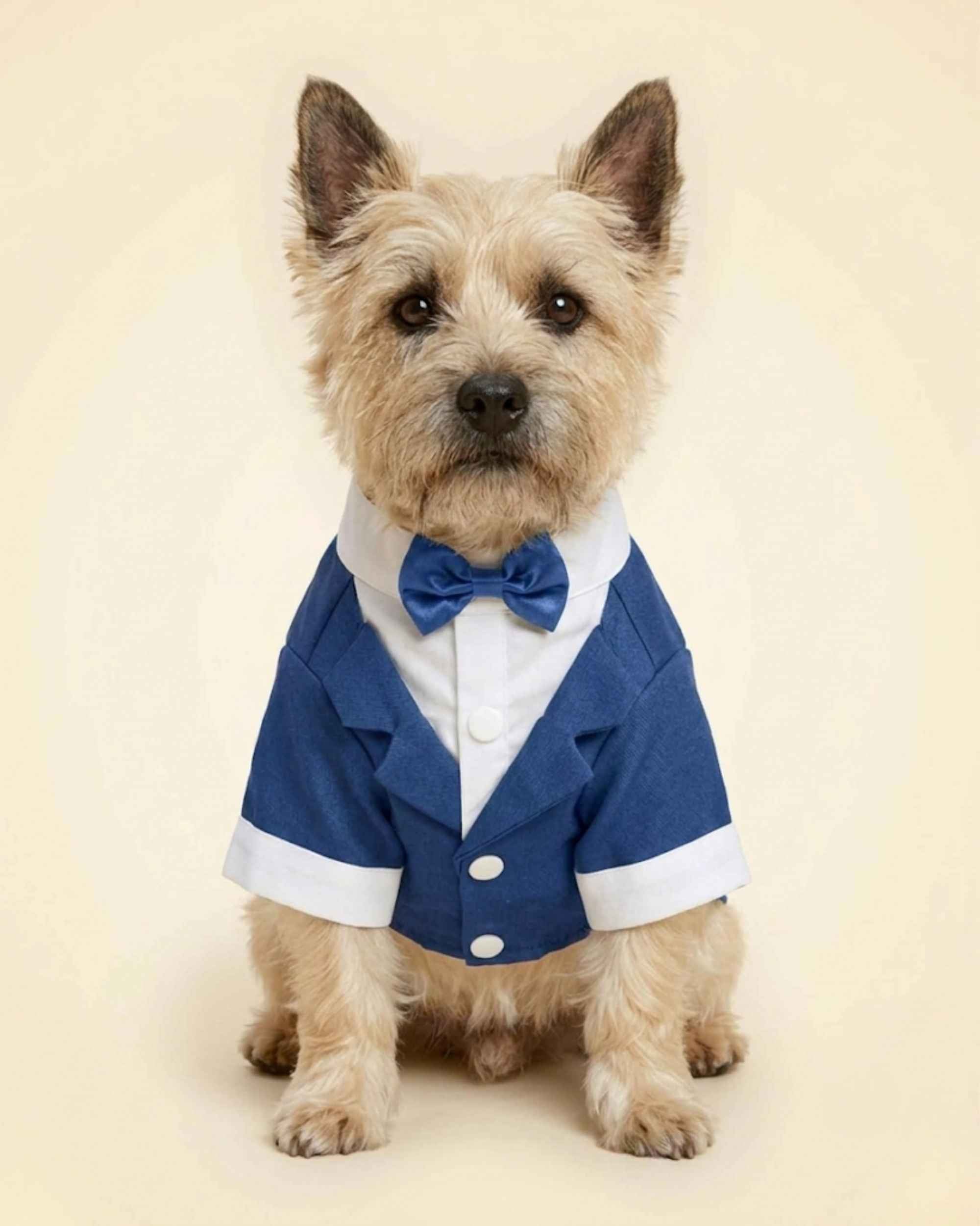 Light-wheaten Cairn Terrier wearing a royal blue pet tuxedo with matching bow tie, white shirt and sleeve cuffs.
