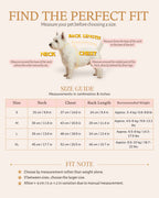 Size guide for the Classic Bow Tie Pet Tuxedo with neck, chest, back length and weight guidance for sizes S to XL