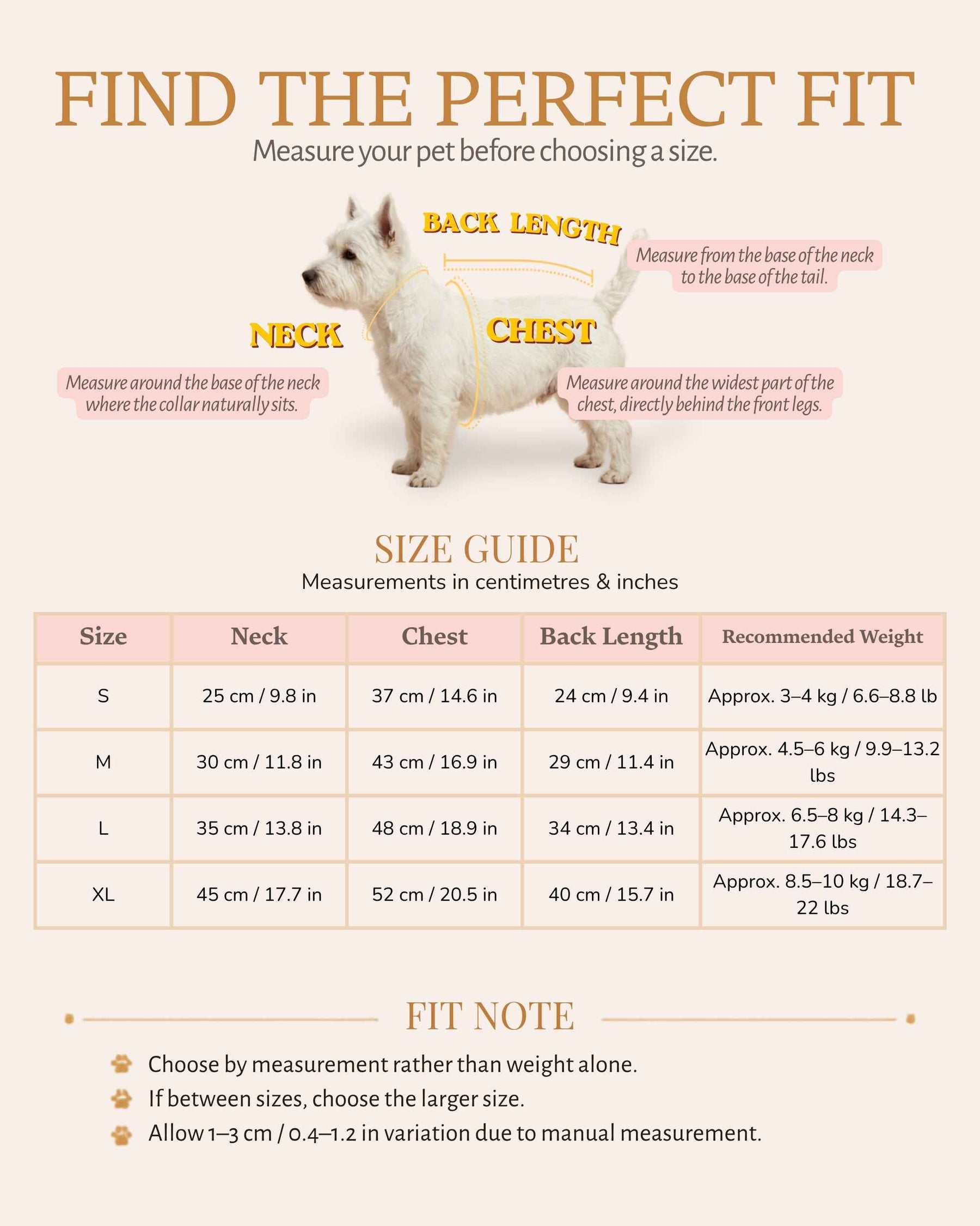 Pet dress size guide with chest, back length and recommended weight measurements for sizes XS to XL