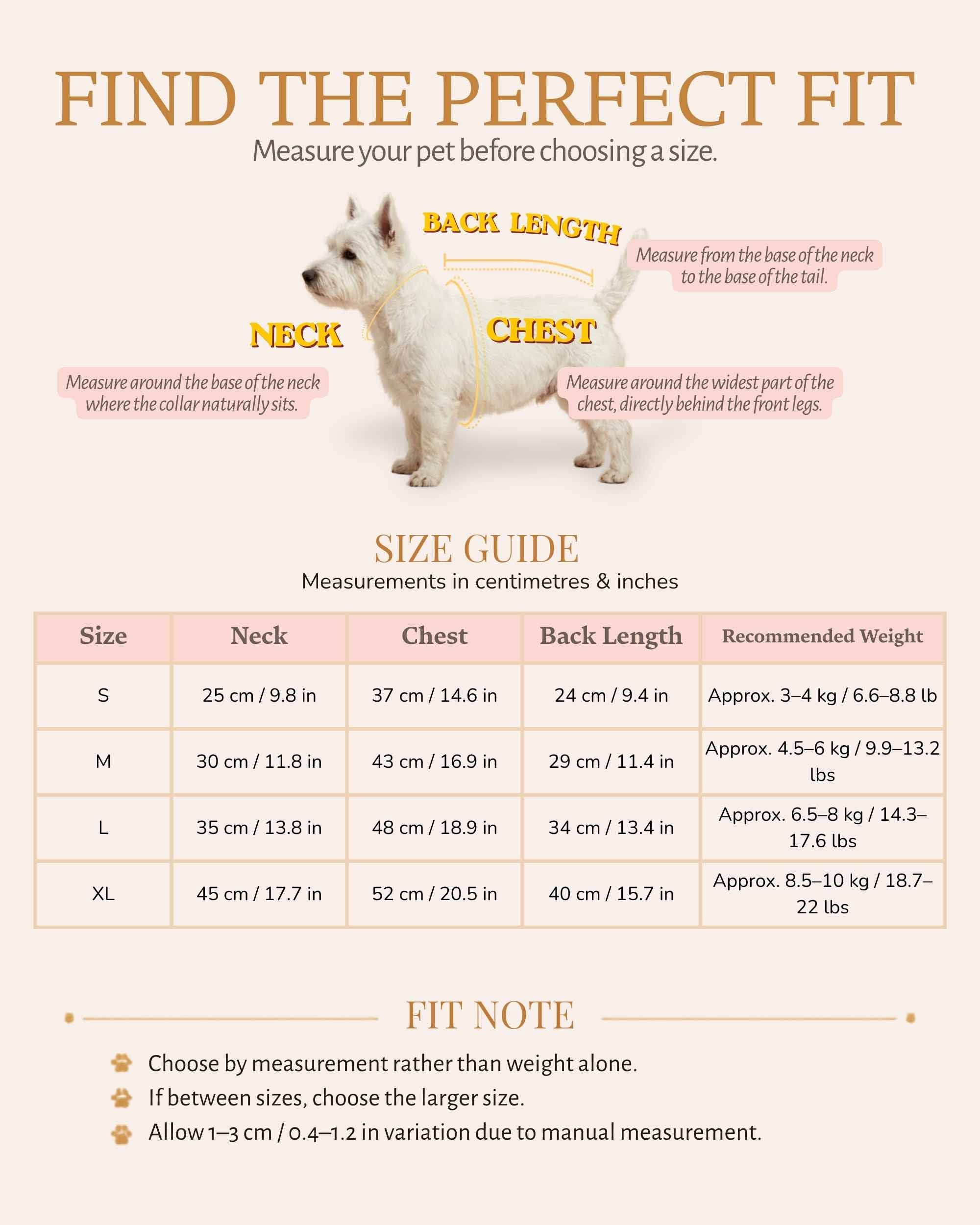 Size guide for the Classic Bow Tie Pet Tuxedo with neck, chest, back length and weight guidance for sizes S to XL