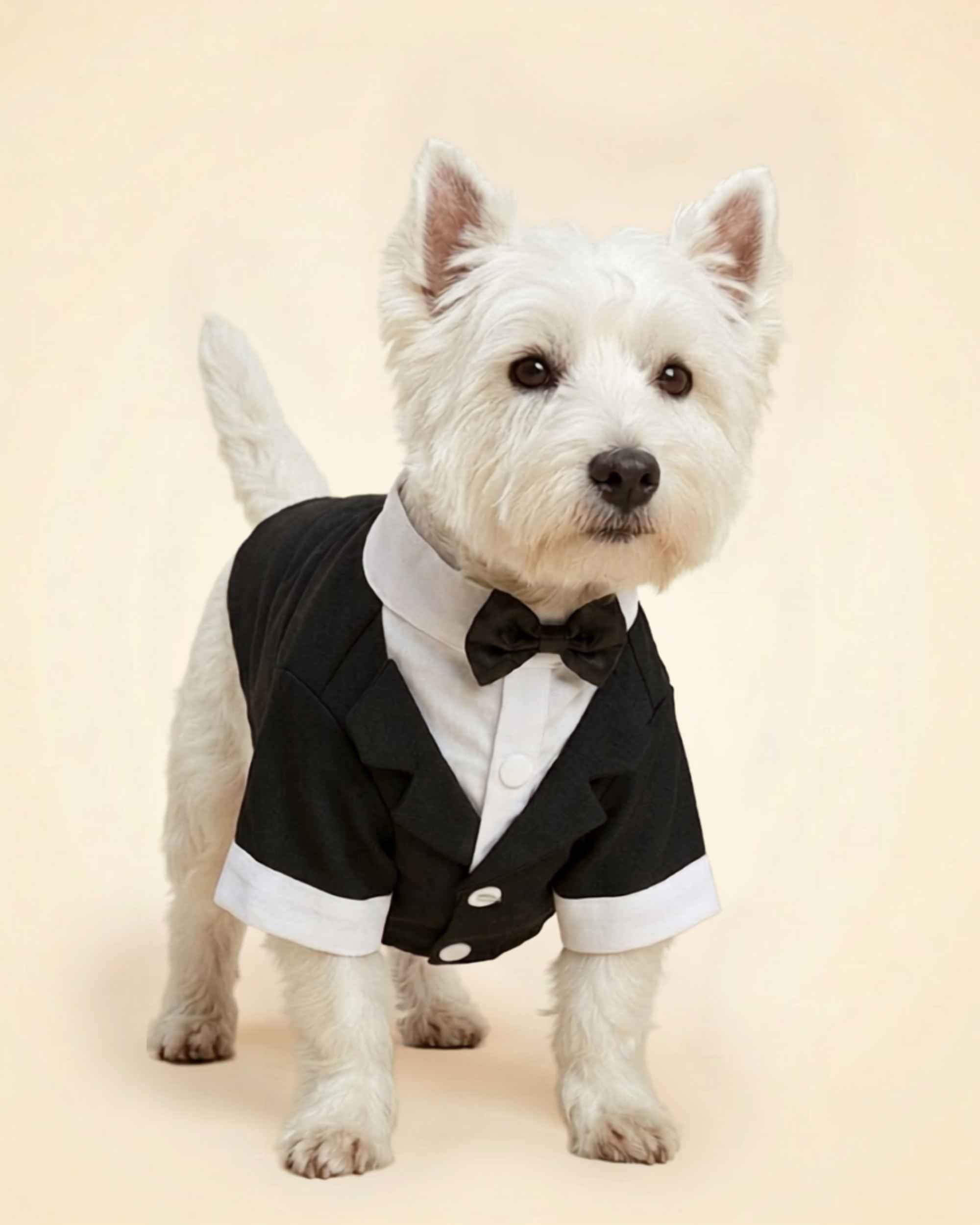 West Highland White Terrier standing in a midnight-black pet tuxedo with white collar, cuffs and bow tie