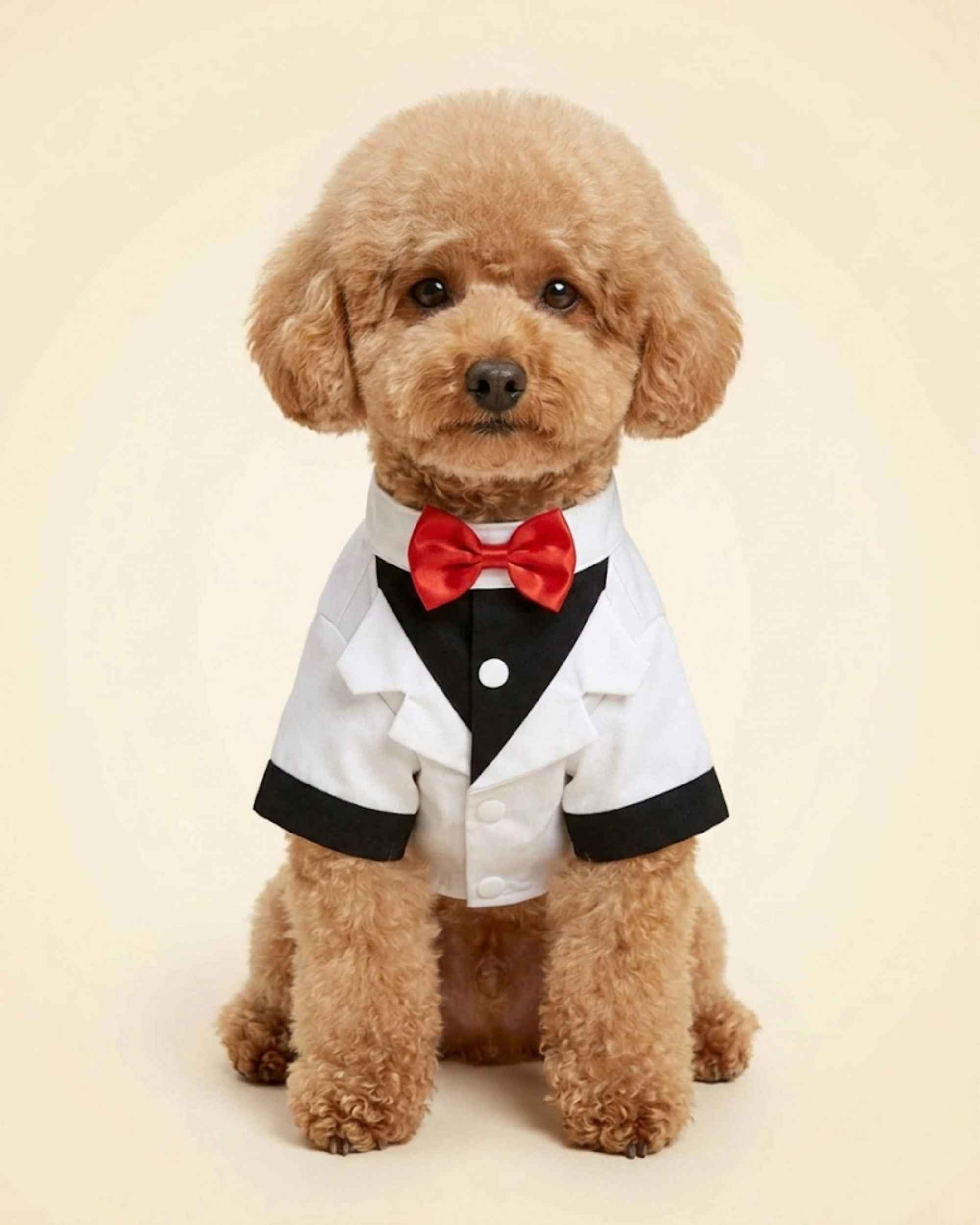 Apricot Toy Poodle wearing a white and black pet tuxedo with a red satin bow tie and black sleeve cuffs.