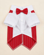 Closure-side flat lay of the crimson red pinstripe pet waistcoat with white shirt, matching bow tie, snaps and pointed hem