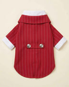 Back flat lay of the Crimson Red pinstripe pet suit with white cuffs, curved hem and two decorative silver buttons