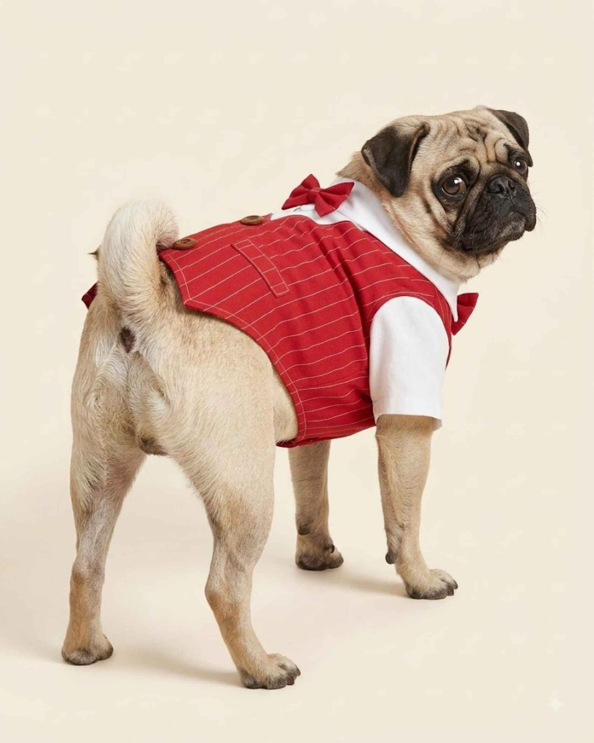 Pug wearing the crimson red pinstripe pet waistcoat, showing the back bow tie, decorative buttons and tailored pocket detail