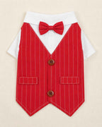 Front flat lay of the crimson red pinstripe bow tie pet waistcoat with two brown buttons, faux pocket flaps and white shirt