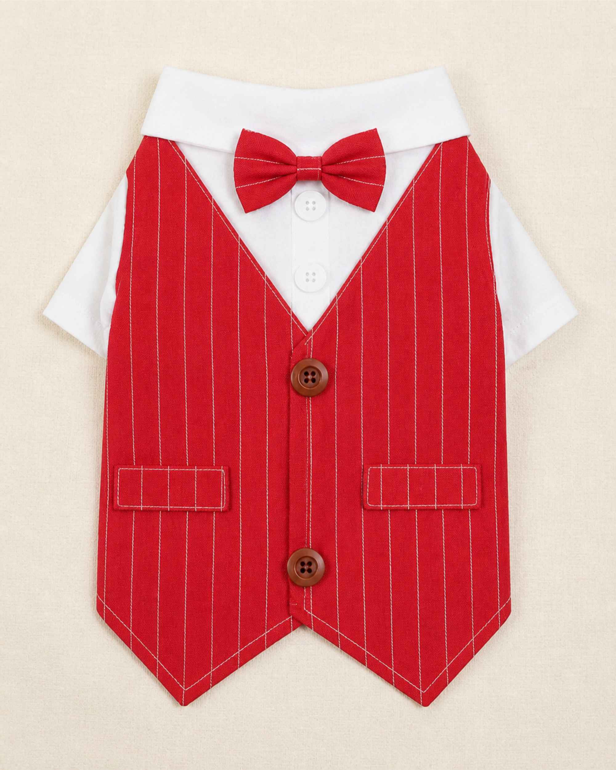 Front flat lay of the crimson red pinstripe bow tie pet waistcoat with two brown buttons, faux pocket flaps and white shirt