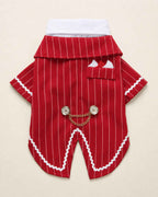 Back flat lay of the Crimson Red pinstripe pet tailcoat with pocket detail, decorative chain and split tails