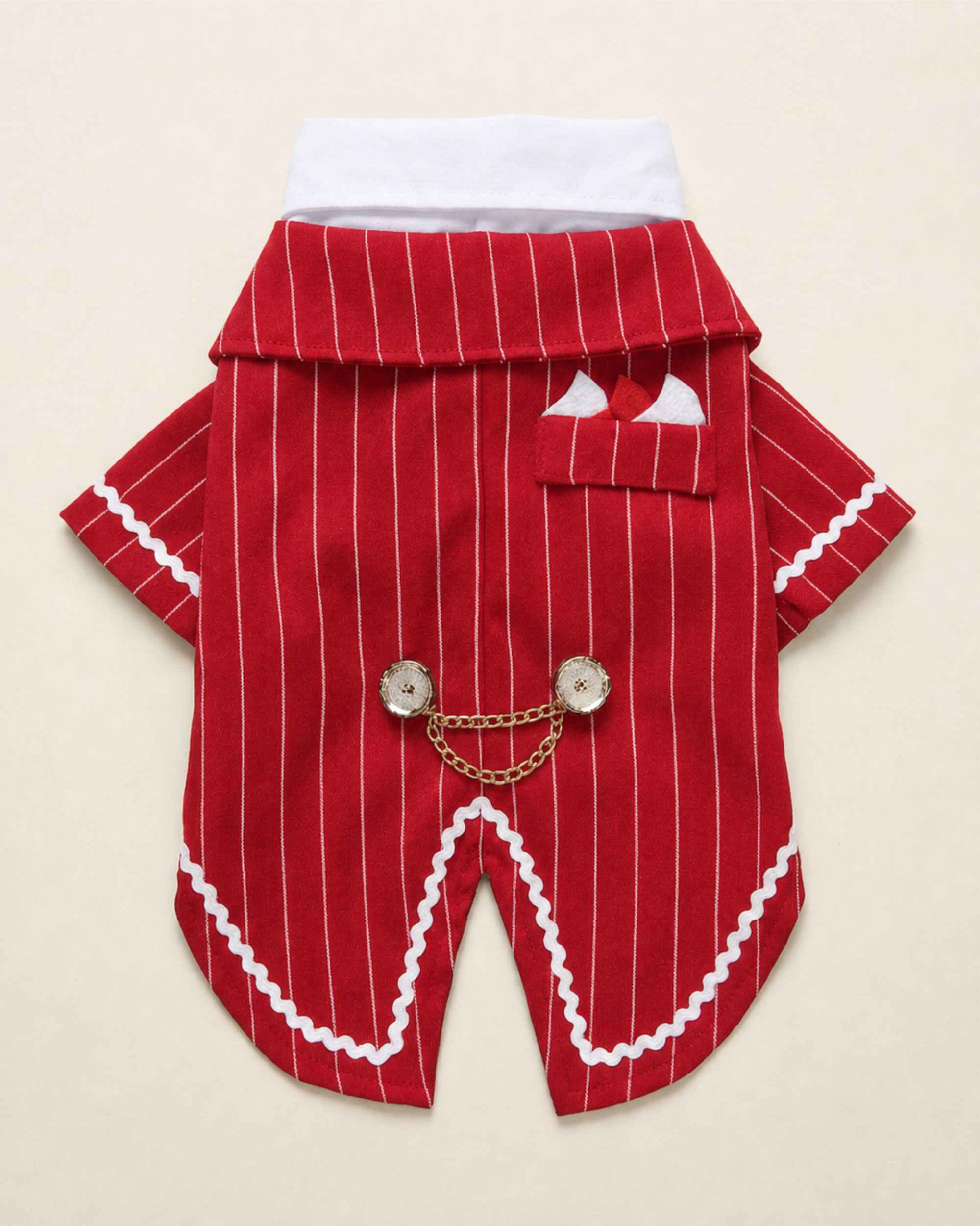 Back flat lay of the Crimson Red pinstripe pet tailcoat with pocket detail, decorative chain and split tails