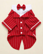 Front flat lay of the Crimson Red pinstripe pet tailcoat with matching bow tie, white collar and snap buttons