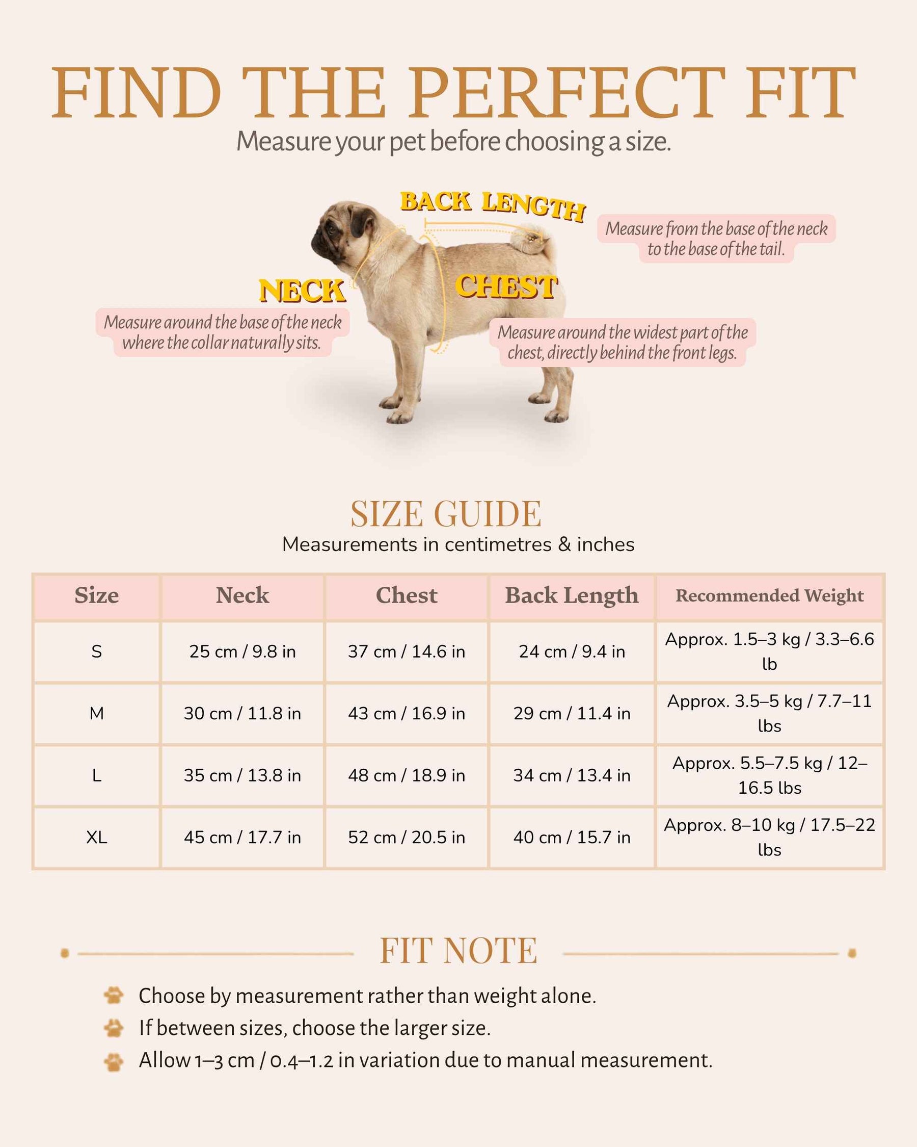 Pet dress size guide with chest, back length and recommended weight measurements for sizes XS to XL