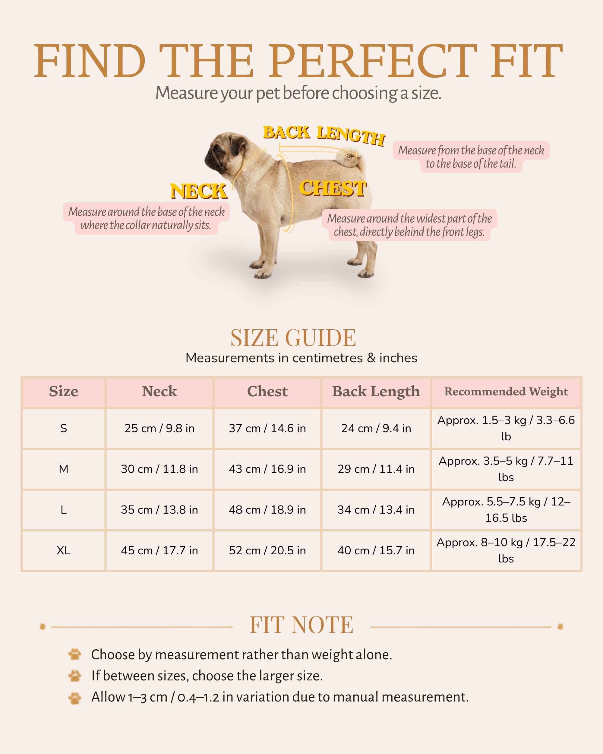 Size and measuring guide for the Dapper Pinstripe Bow Tie Pet Waistcoat with neck, chest, back length and recommended weight measurements