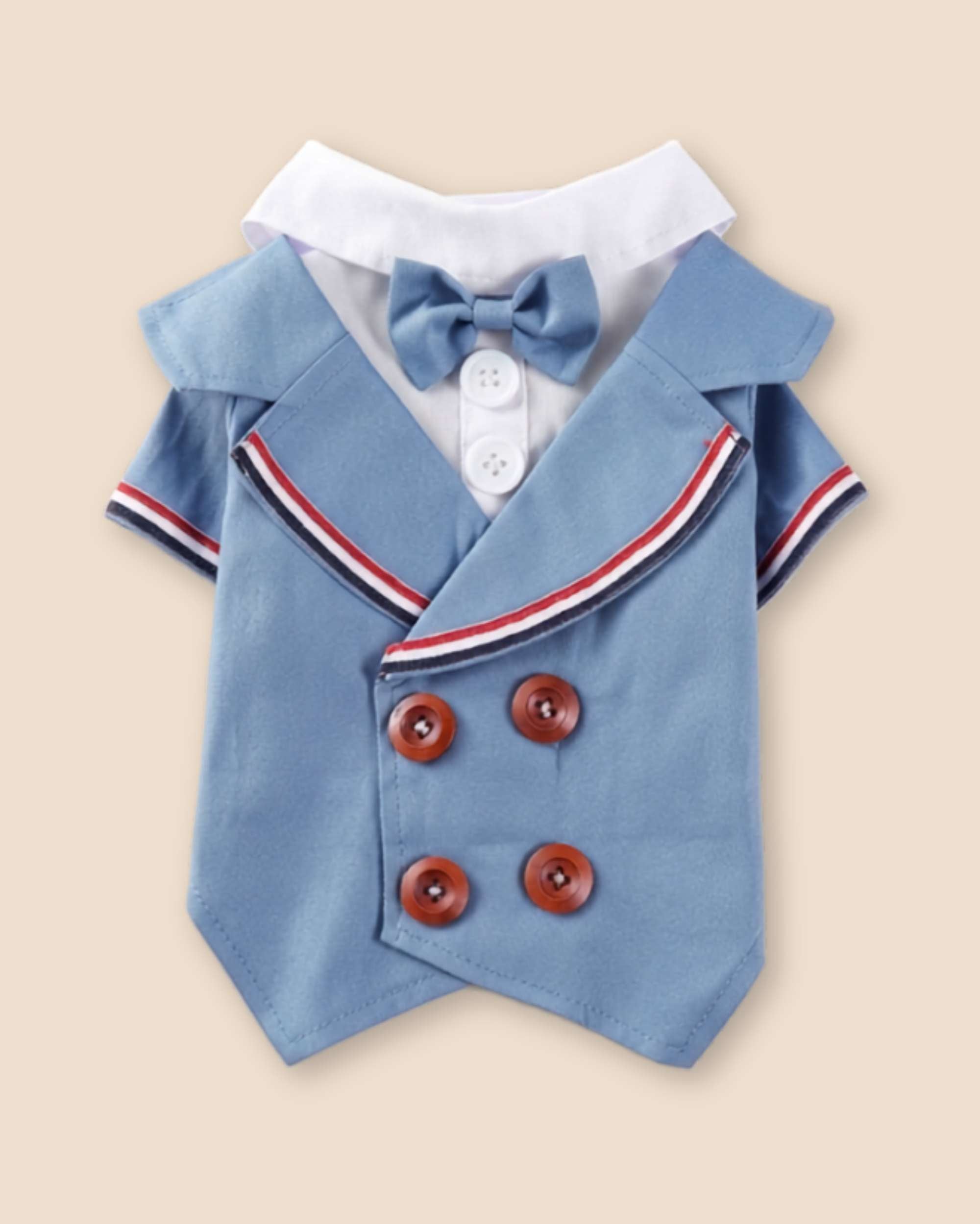 Decorative-side flat lay of the Denim Blue pet tuxedo with matching bow tie, white shirt insert, striped lapels and four brown buttons.