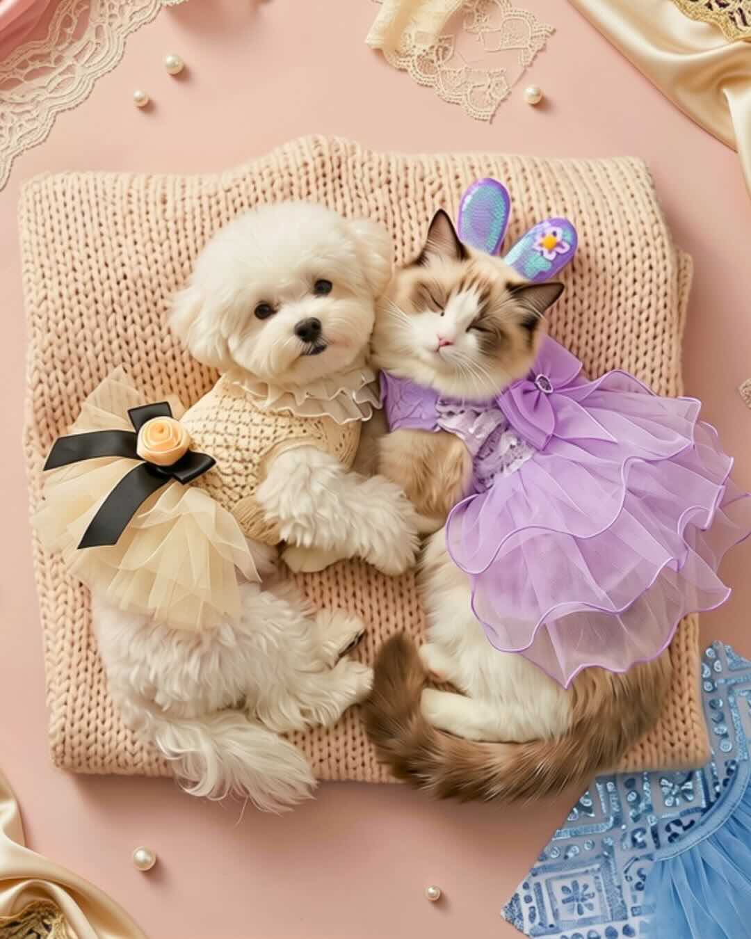 Small white dog and ragdoll cat cuddling in cream and purple Pet2Cute dresses