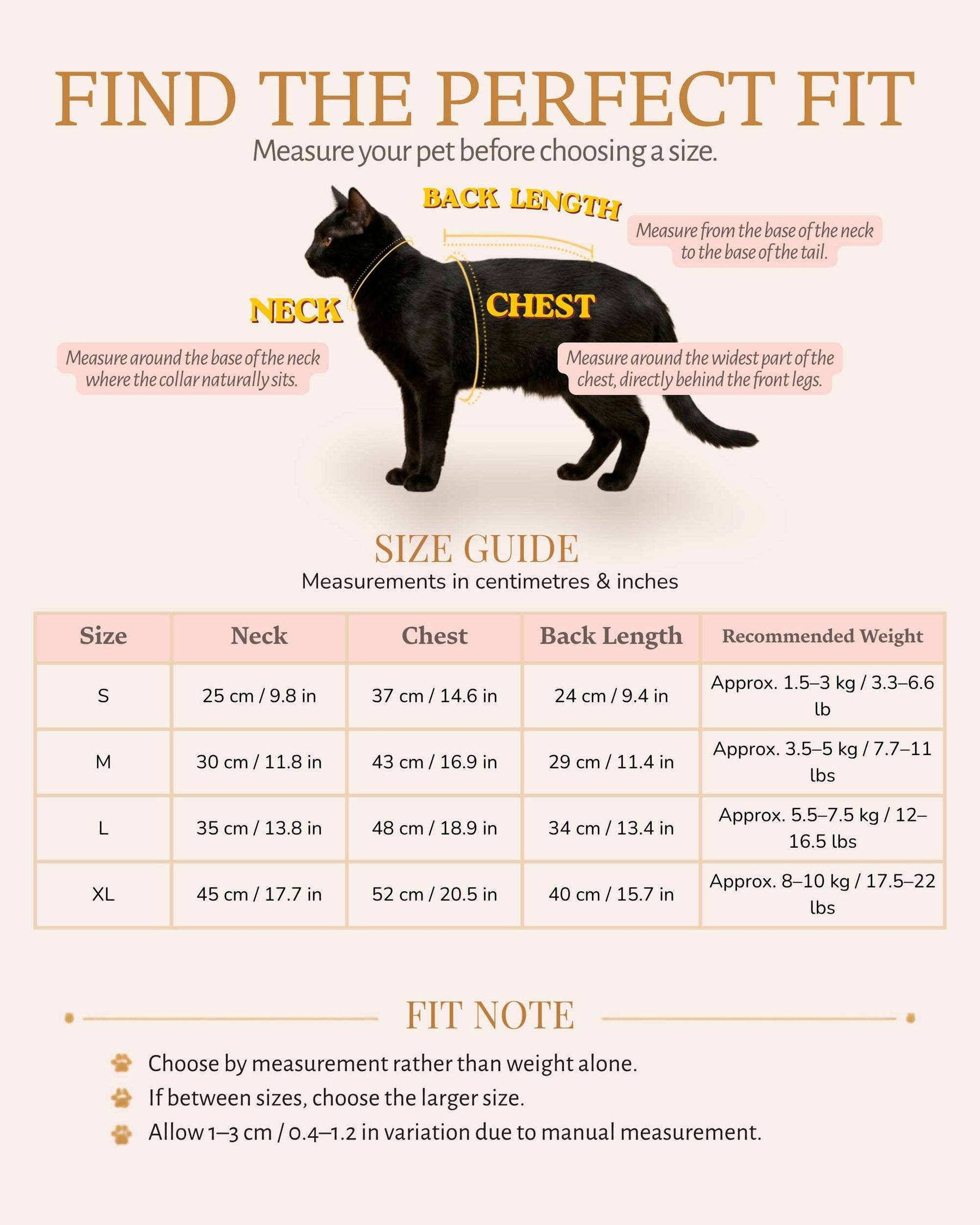Pet dress size guide with chest, back length and recommended weight measurements for sizes XS to XL