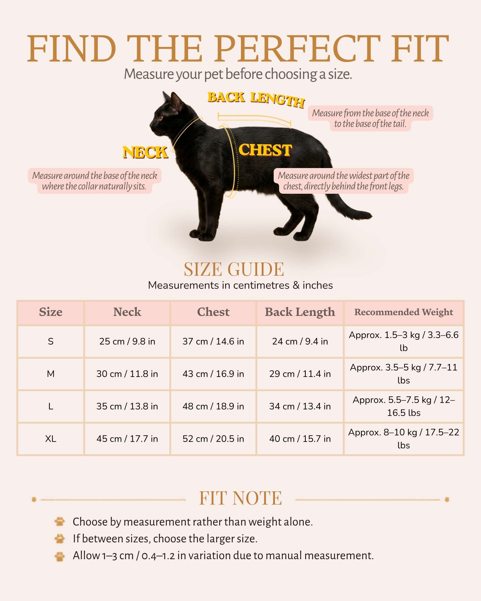Size guide for the Double-Breasted Pet Tuxedo with neck, chest, back length and recommended weight measurements for sizes S to XL.
