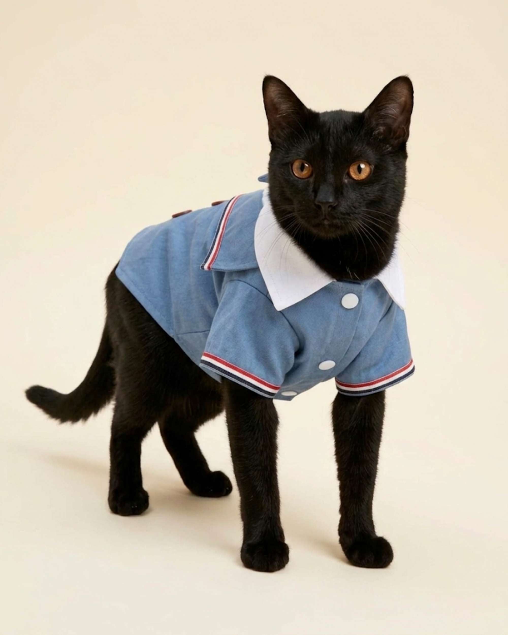 Black cat wearing the Denim Blue Double-Breasted Pet Tuxedo from the front, showing the white collar, sleeves and chest fastening.