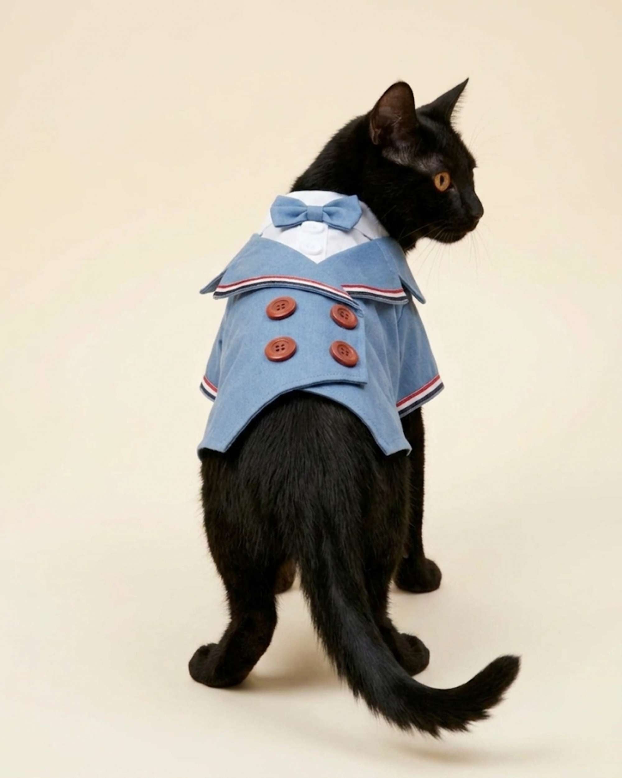 Rear view of a black cat wearing the Denim Blue Double-Breasted Pet Tuxedo with matching bow tie, striped lapels and four brown buttons.