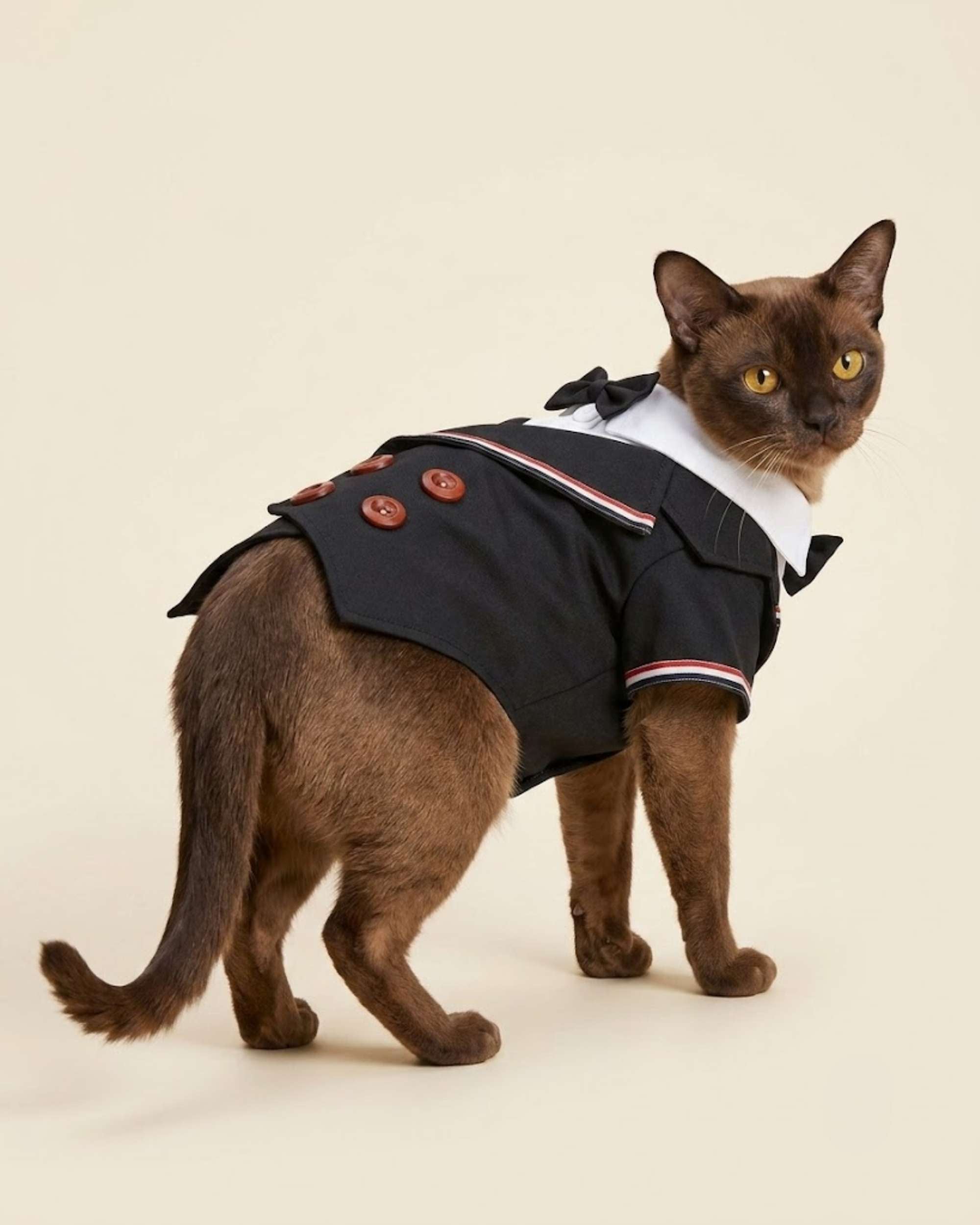 Brown cat wearing the Midnight Black Double-Breasted Pet Tuxedo, showing the decorative back, striped lapels and four brown buttons.