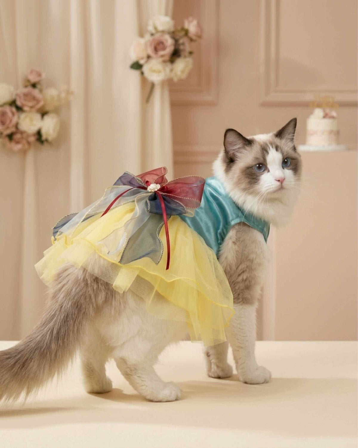 Pet wearing occasion dress in a celebration setting