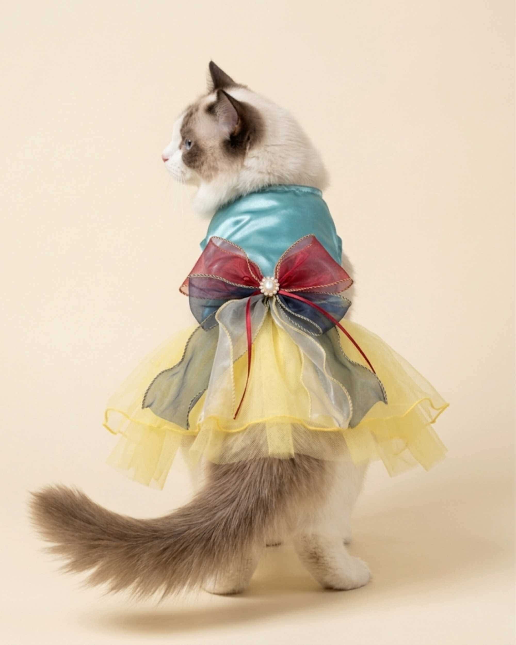 Ragdoll cat wearing an aqua satin pet dress with layered bow and yellow tulle skirt, shown from a rear three-quarter angle