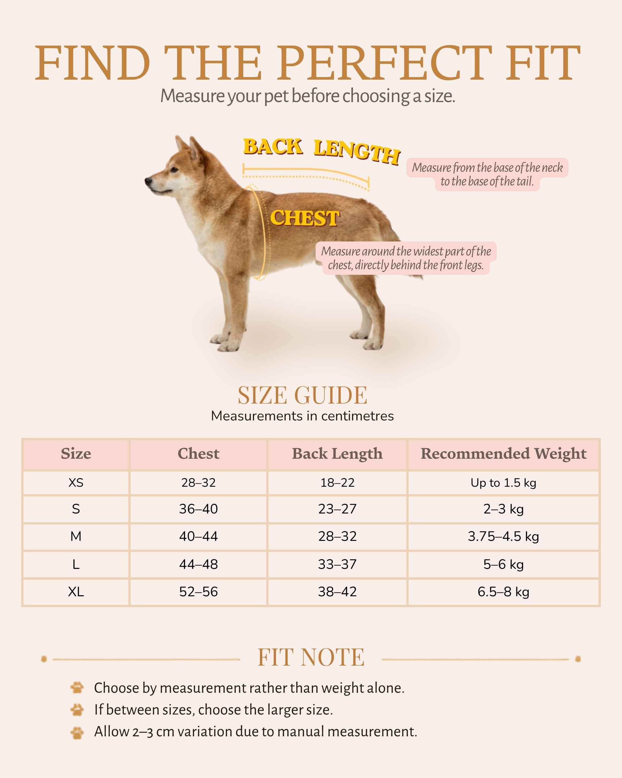 Pet dress size guide showing how to measure chest girth and back length, with measurements from XS to XL.