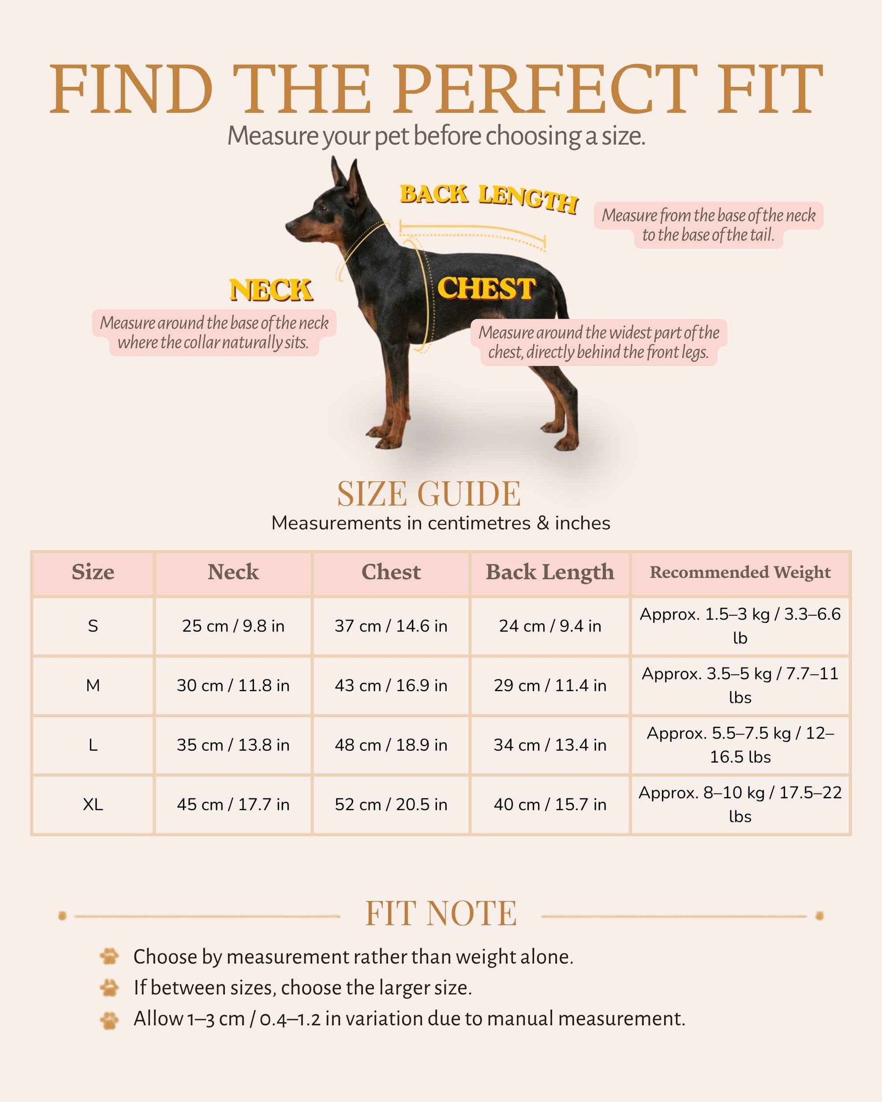 Pet dress size guide with chest, back length and recommended weight measurements for sizes XS to XL