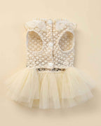 Closure-side flat lay of an ivory lace pet dress with two leg openings, three white snap buttons and a layered ivory tulle skirt.