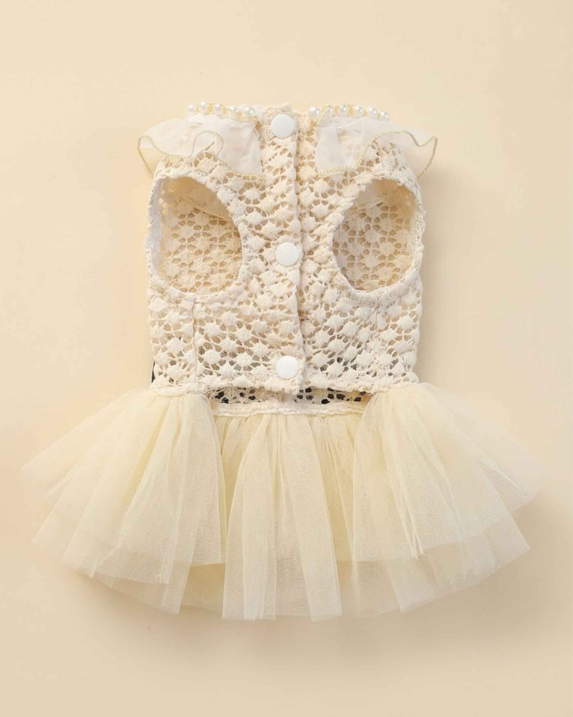Closure-side flat lay of an ivory lace pet dress with two leg openings, three white snap buttons and a layered ivory tulle skirt.