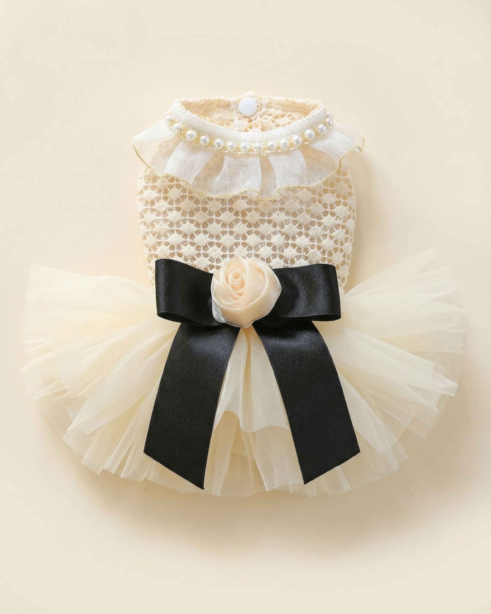 Back flat lay of an ivory lace pet dress with pearl-trimmed ruffle collar, layered tulle skirt, black satin bow and ivory rose.
